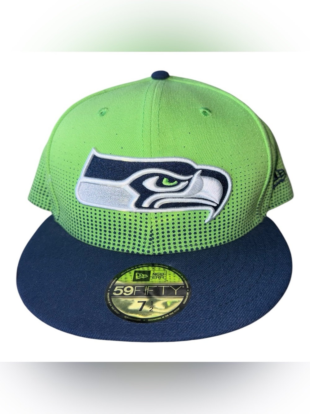 New Era Seattle Seahawks 59FIFTY cap with green gradient and black dot pattern,